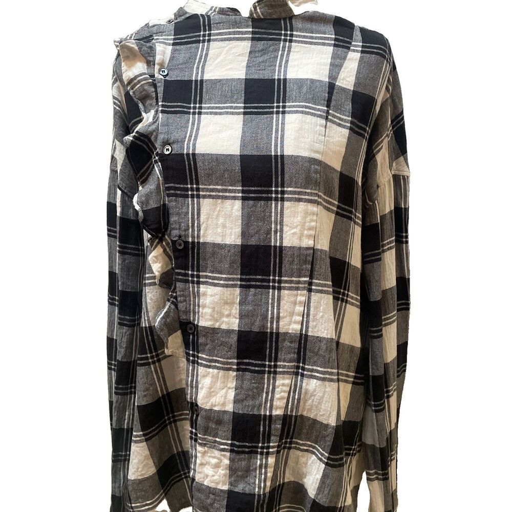 FAITH CONNEXION Black White Plaid Ruffle Shirt M Oversized Streetwear Grunge